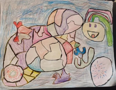 Colorful abstract drawing featuring irregular shapes filled with pastel shades of pink, purple, and green. A smiling face and rainbow add a playful, cheerful tone.